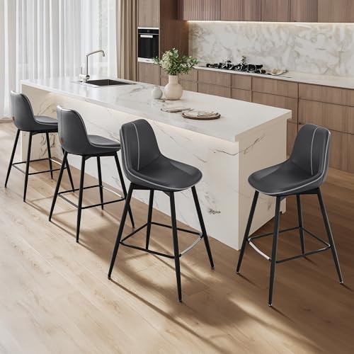 Image of VASAGLE Bar Stools Set of 4, Counter Height Bar Stools with Back, Ergonomic Backrest, Synthetic Leather, Metal Legs, 24.8-Inch Tall Barstools for Kitchen Island Home Bar, Easy Assembly, Ink Black