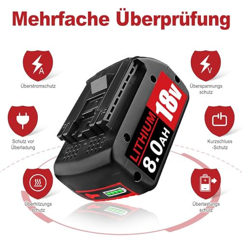 2 Stück 8.0Ah BAT609 Ersatzakku für Bosch Akku 18V Li-ion kompatibel für Bosch 18V Akku 8.0Ah BAT618 BAT618G BAT609G BAT619 BAT619G BAT610G BAT610 mit LED (8.0-2 Packs) – Bild 6