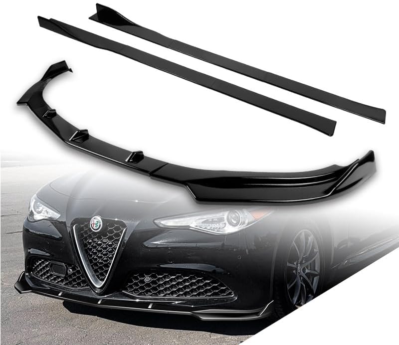 Stay-Tuned, 9PCS Sport-Style ABS Front Bumper Lip Spoiler Body Kit + Universal 86" x 4" Side Skirts, Compatible with 2017-2021 Alfa Romeo Giulia, Exterior Accessory (Painted Black)