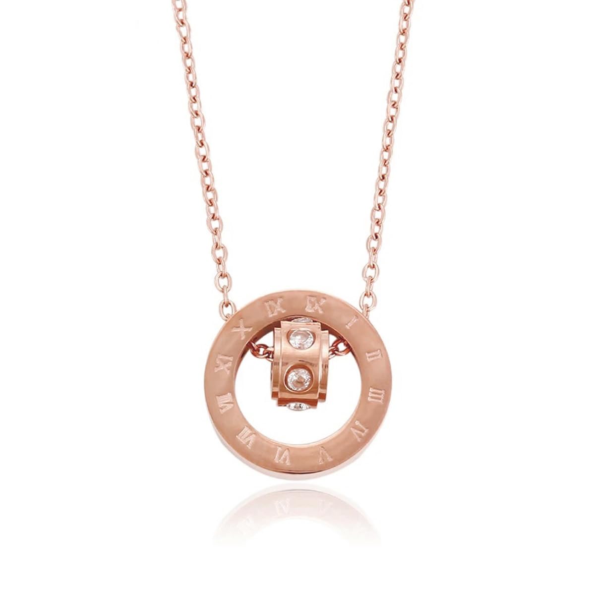 Rose Gold Plated Stainless Steel Roman Numerals Pendant with Cubic Zirconia (CT-PS-48075)-image-49