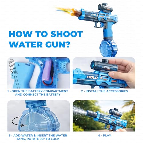 Image of Kidology Electric Water Gun Toy | High-Pressure Water Blaster with Flash Effect, 350ML Large Capacity Drum Tank Long Range Squirt Gun for Kids, Teens & Adults (Ages 14+), Outdoor Summer Toy (Blue)