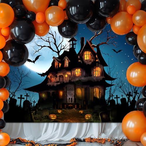 Mocsicka Halloween Backdrop for Photography Blue Night Moon Haunted House Background Spooky Cemetery Hollween Costume Party Decorations Banner Photo Studio Props (10x7ft) by Mocsicka - Used condition - Image 5