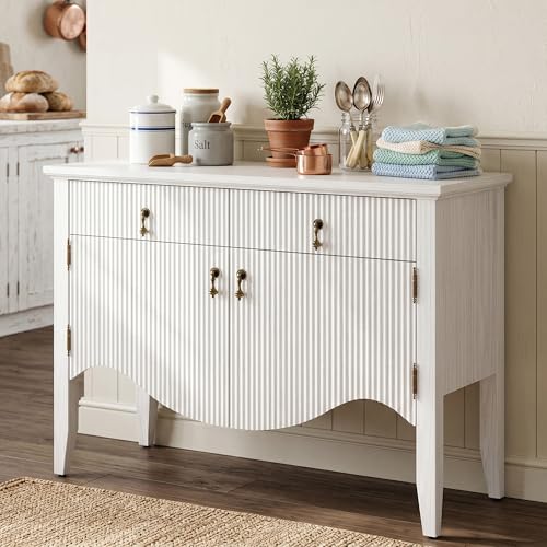 Image of FUSUNBAO 40 inch Fluted Buffet Cabinet, Sideboard Credenza with Drawer,White | Retro,Storage Cabinet,Fluted Sideboard Credenza, 2 Drawer, Accent Bar Cabinet, For Living Room, Dining Room, Entryway