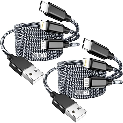 Multi Charging Cable 2ft 2Pack USB Charger 3 in 1, Short Multi iPhone Charger Cable Nylon Braided Apple MFi Certified Fast Charging Cord with Type-C/USB C Micro Lightning for Phone iPad iPhone Tablet