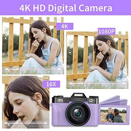 Vlogging Camera For Youtube, 4K 48Mp Digital Cameras For Photography With Wifi, 16X Digital Zoom Manual Focus 52Mm Wide-Angle Lens & Macro Lens, 32G Micro Card And 2 Batteries (Purple) #TOP1