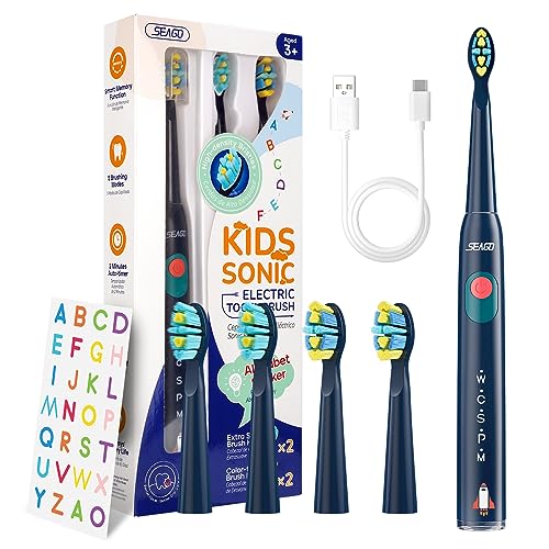 Seago cepillo electrico infantil recargable con divertidas pegatinas DIY, cepillo electrico niños temporizador de 2 min, 5 Modos y 4 cabezal de recambio, Azul