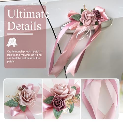 Image of 4PCS Wedding Car Door Handle Decorative Flowers, White Artificial Cars Bouquet Flower Bowknot Ribbon Decor, Just Married Automotive Decorations Accessories for Door Handles( Two Flower Pink)