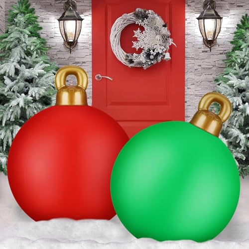 KAHEIGN 2 Piezas Bolas Inflables Gigantes de Navidad, 60CM Roja Verde Bola Decorativa Inflable Adorno Navideño de PVC para Navidad Interior Exterior Hogar Jardín Césped Patio Porche Decoración