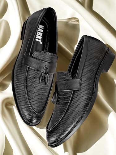 Image of NARKI Men's Black Textured Leather Tassel Loafers - Stylish Slip-On Formal Shoes for Office
