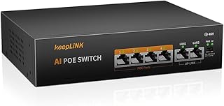 keepLiNK 6 Port PoE Switch, 4 PoE+ Ports 100Mbps, 2 Uplink 100Mbps, 65W 802.3af/at, Extend Function, Metal Fanless, Unmanaged Plug and Play Network Switch