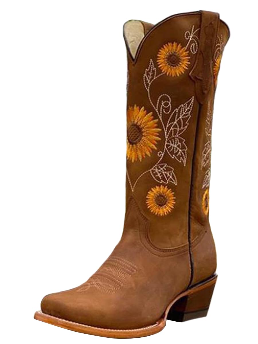 Ulalaza Botas de mujer Botas de vaquero occidental Botas de vaquera a media pantorrilla Botas altas con punta puntiaguda bordadas de tacón grueso Botas cortas hasta la rodilla con punta cuadrada