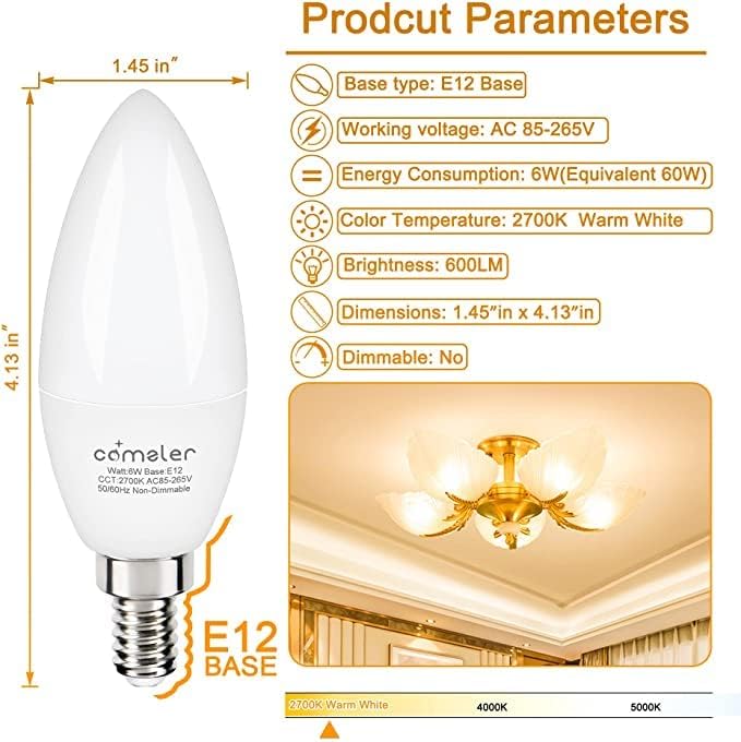 Miniatura 4 de comzler Paquete de 8 bombillas LED tipo candelabro E12, equivalente a 60 W, 2700 K, blanco cálido B11, lámpara E12 de base pequeña, tipo B, 600