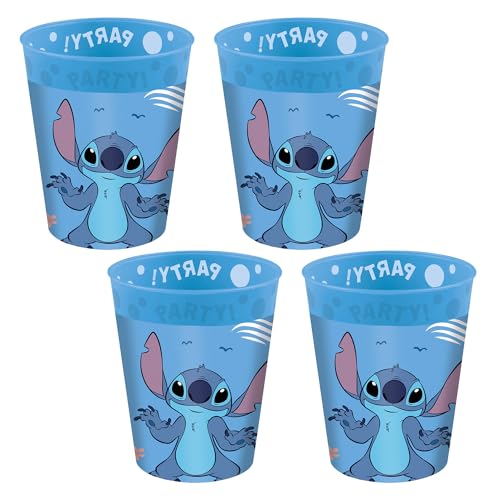 Procos - Bicchiere in plastica Stitch and Angel, 4 pezzi, riutilizzabile, stoviglie per feste di compleanno o a tema