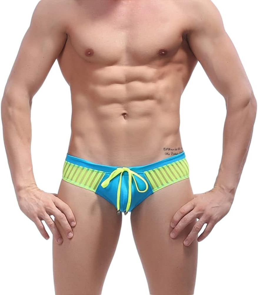 Men's Swim Briefs Mesh Patch Bikini Briefs Low Rise Drawstring Bikini Swim Trunks Sexy Underwear Sport Swimsuit Swimwear