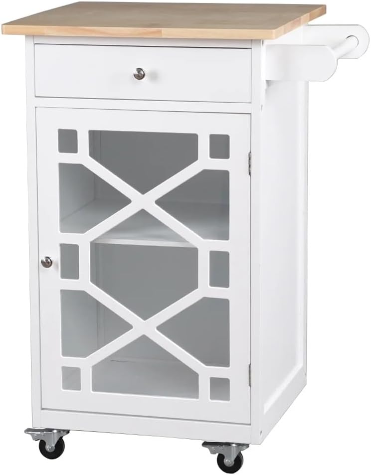 Amelie Kitchen Cart, Wood, Glass， and Strong，White18.90 X 25.00 X 33.86