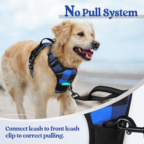 Image of rabbitgoo Dog Harness No Pull with 2 Leash Clips, Adjustable Soft Padded, Reflective Oxford No Choke Pet Vest with Easy Control Handle for Medium Sized Dogs, Blue Plaid, M