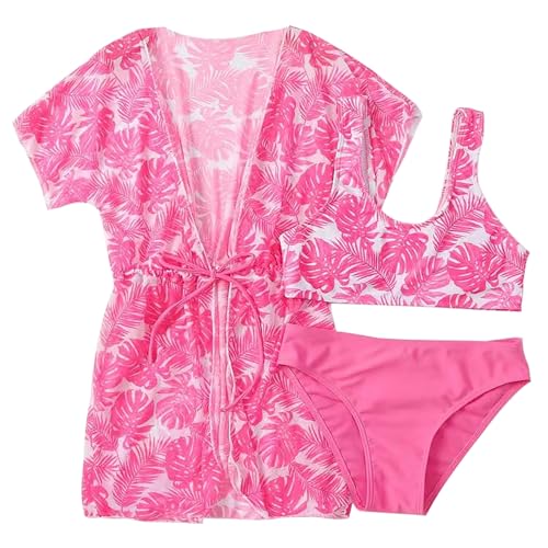 Conjunto de bikini para niña, para playa, verano, con protección solar UV, protección solar, traje de baño, 3 piezas, Rosa., 8-10 años