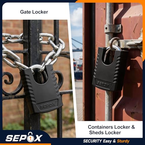 Image of SEPOX Heavy Duty Outdoor Padlock with 2 Keys - 3-3 /16 inch (80mm) Weatherproof Rustproof Lock for Gate, Fence, Shed, Toolbox - Black 3PCS