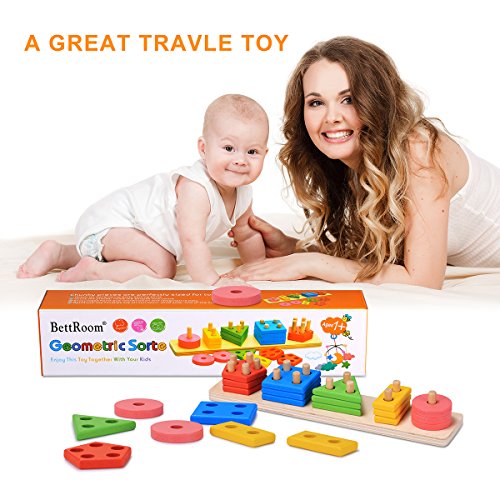 Bettroom Wooden Educational Preschool Toddler Toys For 3 4-5 Year Old Boys Girls Shape Color Recognition Geometric Board Blocks Stack Sort Kids Children Non-Toxic Toy(14In) #TOP4