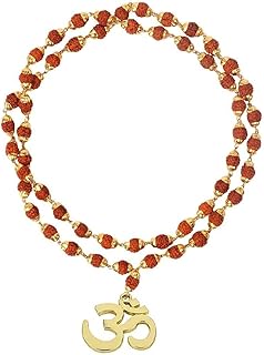 Aashita Creations - Medallón con colgante de latón Om con gorra Rudraksha Mala (color marrón y dorado)