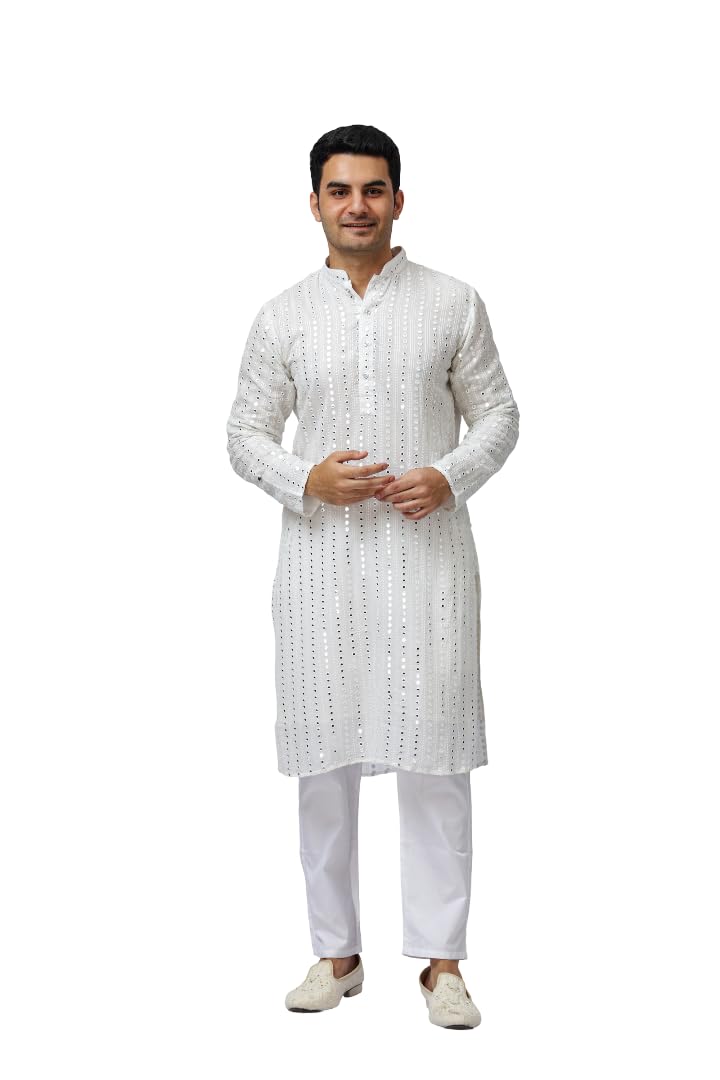 aesthelia Men's White Kurta with Mirror Work | Festive & Wedding Ethnic Wear | Regular Fit | Traditional Indian Attire-picture-48