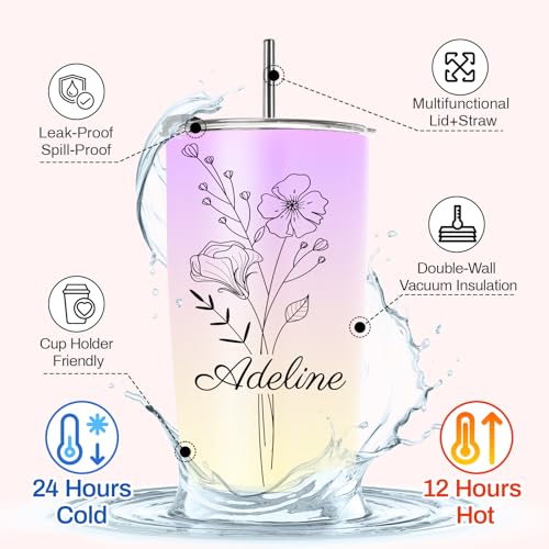 Image of Personalized Tumblers with Names Picture, 15 Colors 20 oz Custom Birth Flower Insulated Tumblers Cups with Straw, Personalized Birthday Gifts for Women Mom Grandma