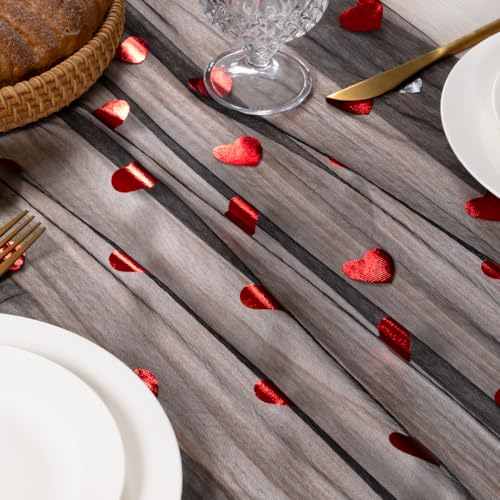 Image of Valentine Heart Table Runner Black Sheer Gauze Foil Table Runner 120 Inch