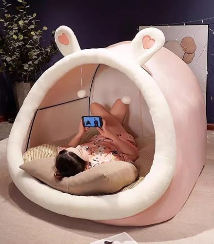 [Blopobuyi]人間用ペットベッド 巨大 猫の巣 テント 怠惰なソファ 180cm対応 大人 子供 兼用 室内 屋外 柔らかい 綿 癒しのリラックス空間 組み立て簡単 折りたたみ 100*130*90cm ピンクのプラッシュのツーウェイ [2]