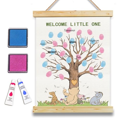 Image of QZCYU Winnie Baby Shower Decorations, Gender Reveal Party Decorations, Gender Reveal Fingerprint Tree,Boy or Girl Gender Reveal Supplies Fingerprint Tree Canvas