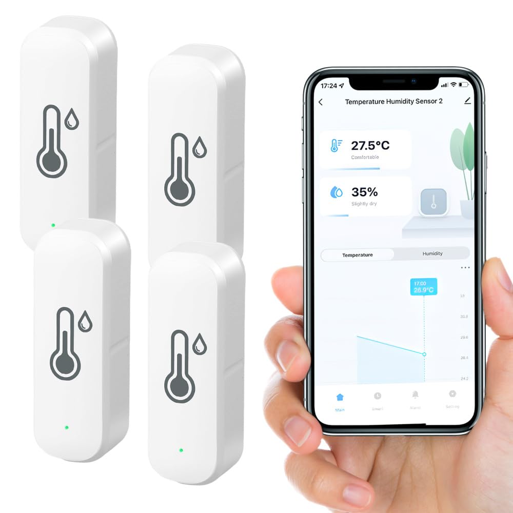 Wifi ThermomèTre HygromèTre IntéRieur-Capteur De TempéRature Sans Fil Avec Enregistreur De DonnéEs, Surveillance à Distance Et Alarme Via L'Application Tuya-Compatible Avec Alexa, Google (Lot De 4)