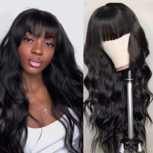 Glueless Human Hair Wigs with Bangs for Black Women Body Wave Wigs Brazilian Virgin Silky Hair Wigs Machine Made Wigs for Women Natural Black Wigs 130% Density（16" Body Wave Wigs）