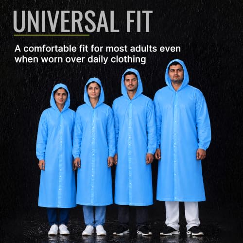 Image of Robustt EVA Reusable Raincoat with Hood (Sky Blue) - Pack of 1 | Elasticated Full Sleeves Outdoor Waterproof Raincoat for Men & Women | Rainwear | Button Closure | Knee Length | Universal Fit