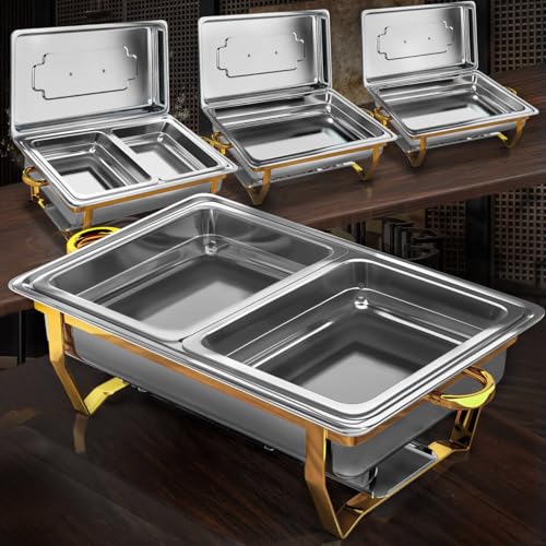 Chafing Dishes for Buffet 4 Pack, 9QT [Multi-Size Food Pans] Chafing Dish Buffet Set, High Grade [Durable and Hard] Chafers and Buffet Warmers Sets for Party (Gold 1/2 Panx2+Full Panx2)