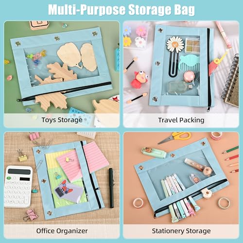 Image of Lanpn Pencil Pouch for 3 Ring Binder 6 Pack, Pastel Binder Pen Bags with Zipper, 3 Holes Pencil Holder Stationary Organizer for Boy Girl Kids School Student, Reinforced Grommets & Clear Window, Blue