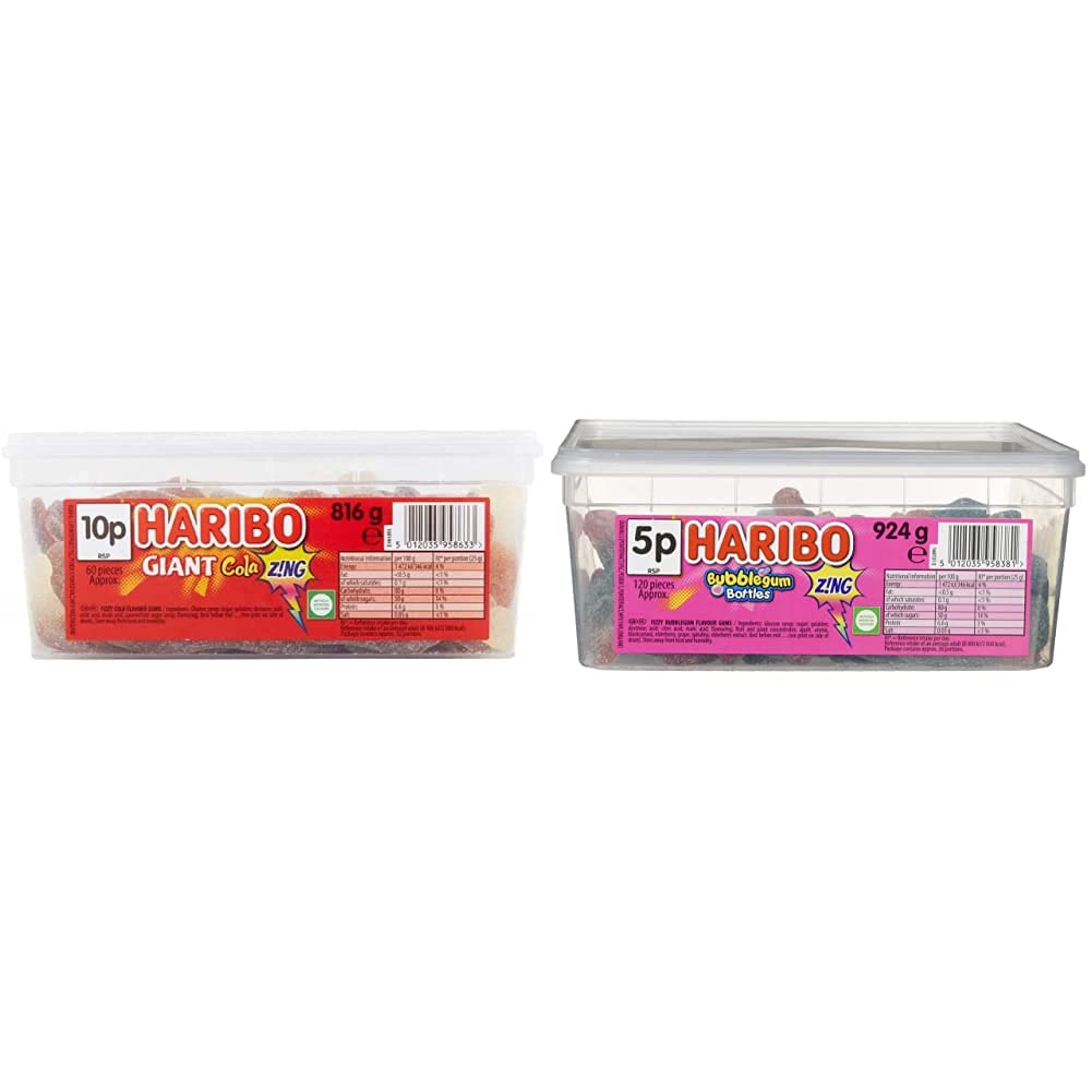 Haribo Giant Cola Zing Bottles, 816 g - 60 pieces & Fizzy Bubblegum Bottles, 924 g (120 pieces)