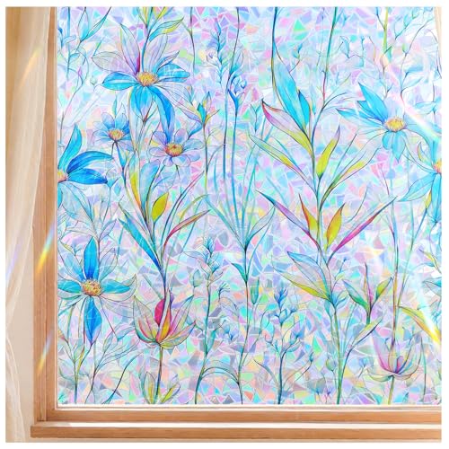 FINNEZ Fensterfolie - Selbstklebende Statische Klebefolie, Farbenfrohe Blickdichte Sichtschutzfolie, Regenbogen Optik, Blaues Blumenmuster, Dekorationsfolie für Wohnzimmer Küche, 60 x 200 cm