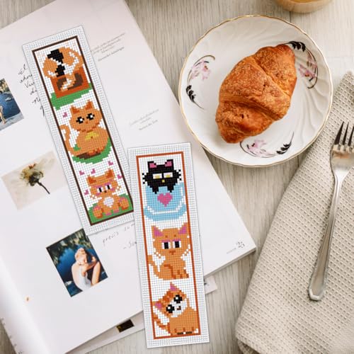 Image of INFUNLY 6 Set Cat Cross Stitch Bookmark Kits Carton Kitten DIY Cross Stitch Kit for Beginners Black Cat Stamped Embroidery Bookmark Kit with Backing Felt Floss Instruction for Starters Book Lovers