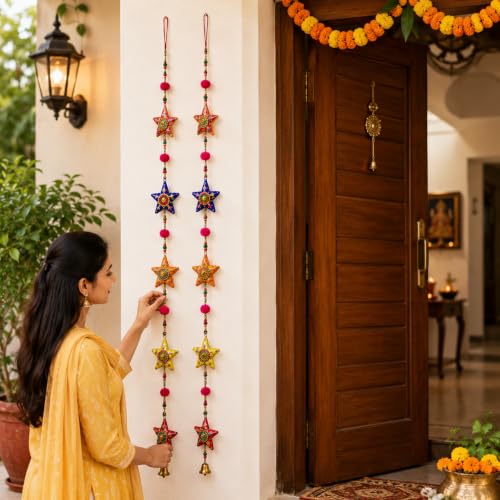 Image of Bindian Toran for Main Door, Decorative Door Thoranam Hanging, Diwali Decoration for Home Entrance, Wall Decor Hanging Ornament, Traditional Festive Welcome Decor for House, Pooja (Star Pack of 2)