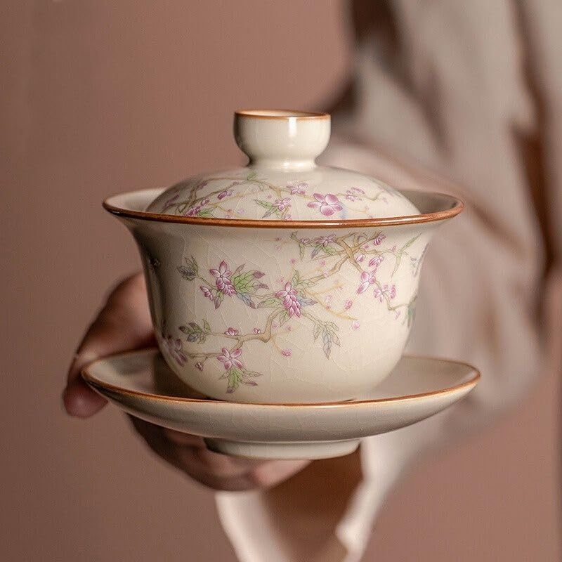 Taza de té de Porcelana China Gaiwan con platillo y Tapa, 150 ml, con diseño de Flor de glicina, Ideal para Fiestas en casa, Cocina y Oficina (Elegante Flor de glicina).