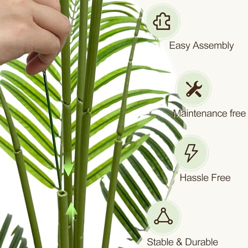 Image of Artificial Palm Tree 4ft Tall Fake Indoor Decor with 13 Trunks and Real Bark Design Faux Tropical Areca Silk Floor Plant in Pot for Home Office Living Room Bedroom 1pcs