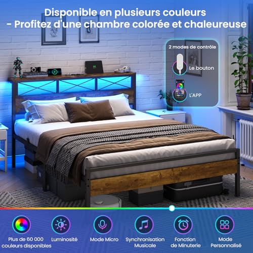 Lit 140x190 métal LED + prises USB/AC, DICTAC