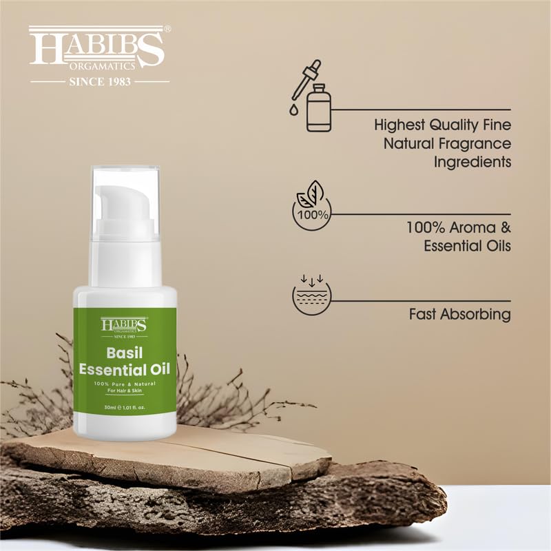 Image of Habibs Pure Basil Essential Oil - 100% Undiluted, Therapeutic Grade for Stress Relief & Mental Clarity 30ML