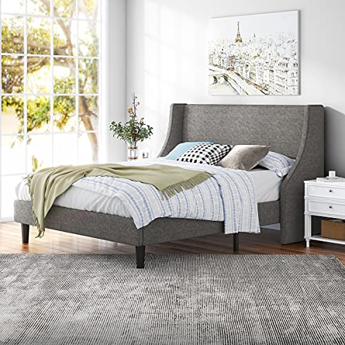 Hoomic Queen Size Bed Frame, Modern Fabric Upholstered Wingback Platform Bed With Headboard, Strong Wood Slats Support, Mattress Foundation, No Box Spring Needed, Easy Assembly, Light Grey #TOP7