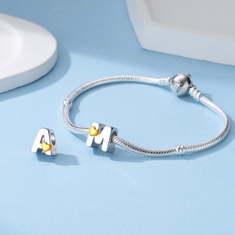 A~Z Alphabet Charm Letter Beads 925 Sterling Silver with Heart-shaped 5A Cubic Zircon Stones fits Pandora European Bracelets Necklace Jewelry Gift for Women2