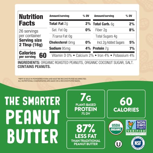 Image of PBfit 15 Ounce Organic Peanut Butter Powder, Powdered Peanut Spread from Real Roasted Pressed Peanuts, 7g of Protein 7% DV, Gluten-Free, 60 calories, 87% less fat (Pack of 1)
