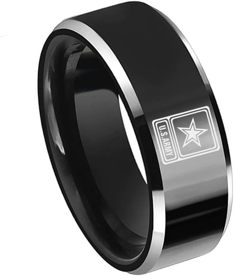 US Army Wedding Band 8mm Dome & Flat Military Ring with Engraved Star & U.S.ARMY Emblem Titanium Steel Veteran Marriage Jewelry for Men Women image 3