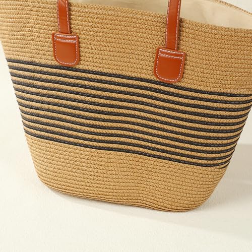 2025 Summer Striped Straw Tote Bag Women Beach Shoulder Purse Large Casual Daily Work Bag Outdoor Travel Vacation2