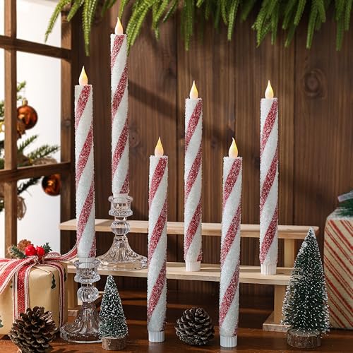 LCZLUMIPRO Christmas Flickering Flameless Taper Candles - 6PCS 9.5inch Glitter Candy Cane Stripes Battery Operated Real Wax Candles for Christmas Party Wedding Winter Home Decoration