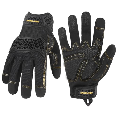 HANDLANDY Mens Work Gloves Touch screen, Utility Mechanic Gloves, Flexible Breathable Fit- Padded Knuckles & Palm Small Hi Vis-green
