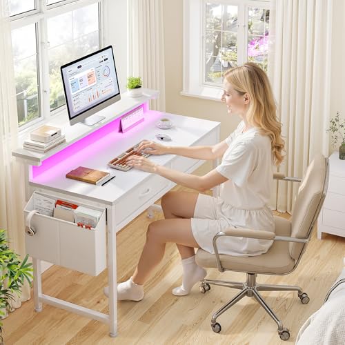 Image of DurayLoly Computer Desk with 2 Drawers & LED Lights,39.4 Inch Home Office Desks with Side Pocket and Monitor Stand,Study Writing Table for Small Spaces,White